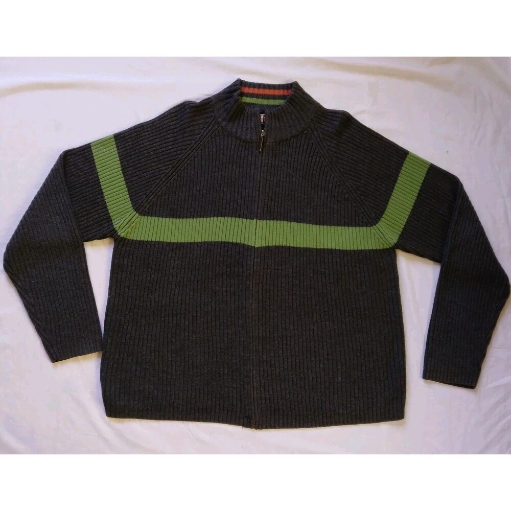 Arizona Jean Company Sweater Full Zip Gray Green Stripe Preppy Y2K Men's XL